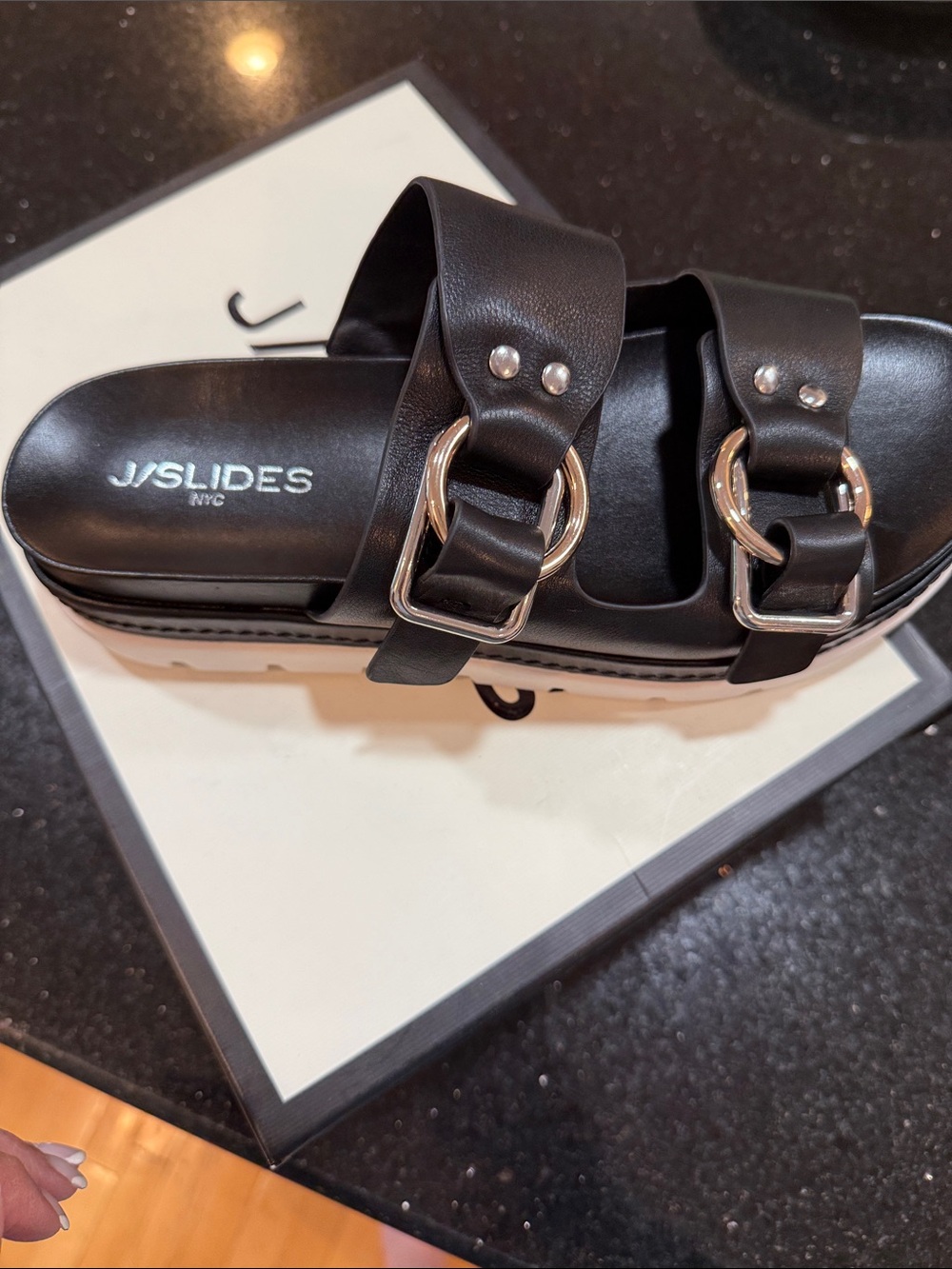 J/SLIDES Black Double Buckle Leather Slide Sandals